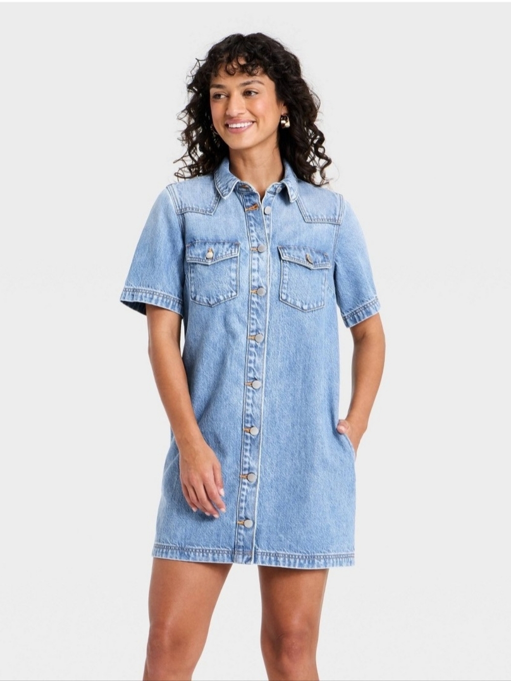 Women's Short Sleeve Denim Mini Shirtdress - Universal Thread Medium Wash S
